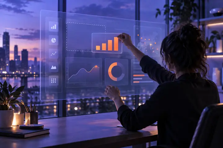 Drag-and-drop analytics dashboard with an orange category chart
