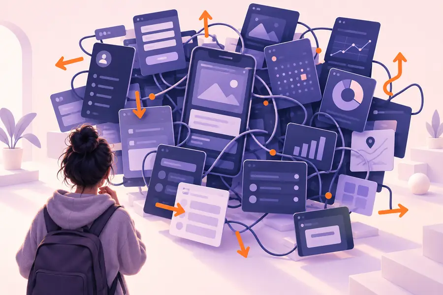 Early app concept with crowded screens and unclear actions